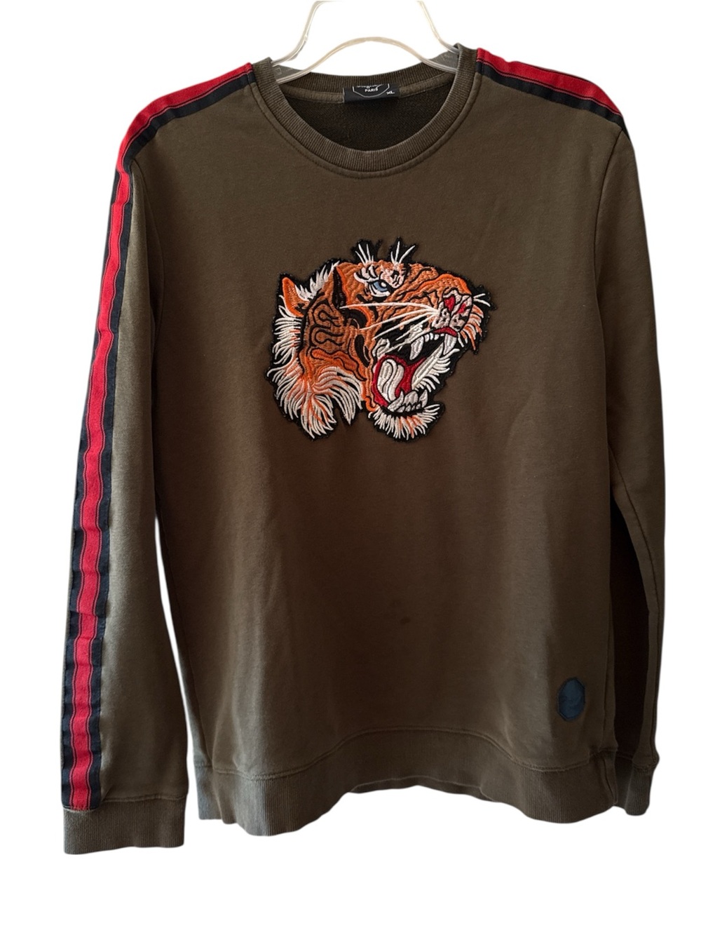 Olive Crewneck Sweater with Tiger Embroidery and Red-Black Shoulder Stripes